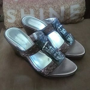 Franco Fortini Metallic Bronze Wedgel Heels Slides
